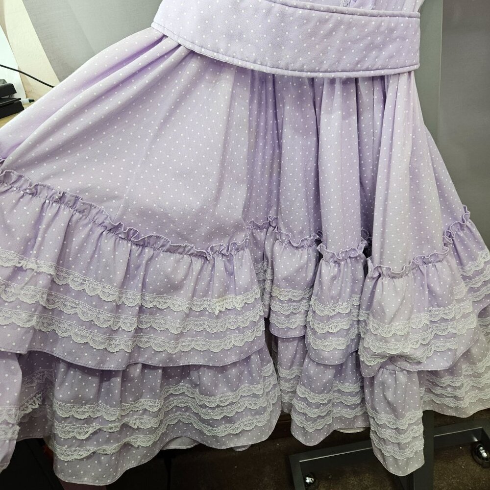Vintage 1980s Joni Bee Dress 8 Ruffled Lace Trim Belt Polka Dot Western Dance US - Picture 3 of 10